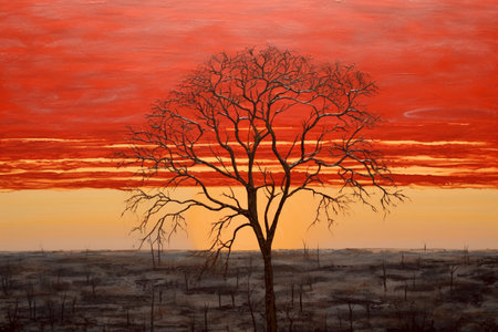 Tree silhouette against a red sky at sunset in Namibia, Africaの素材