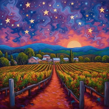 Colorful painting of a vineyard in autumn with starry skyの素材