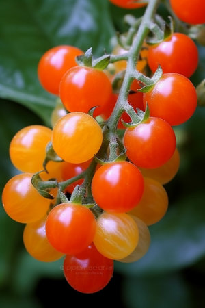 Cherry tomatoes on a branch in the garden, close-upの素材