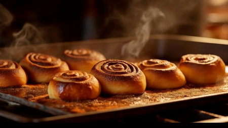 Baking buns with cinnamon on a baking sheet in the ovenの素材