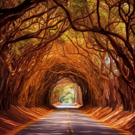 Road in the tunnel of big banyan trees, California, USAの素材