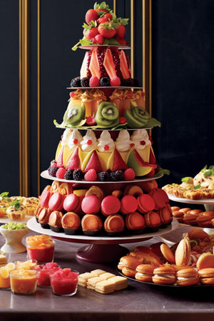 wedding cake with different fruits and sweets on a dark backgroundの素材