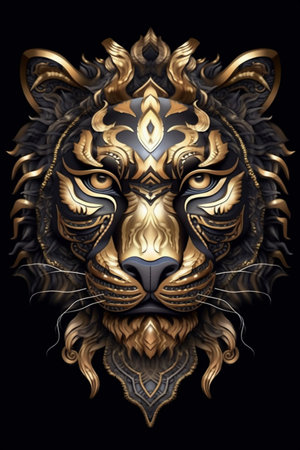 Lion head with golden ornament on black background. 3D renderingの素材