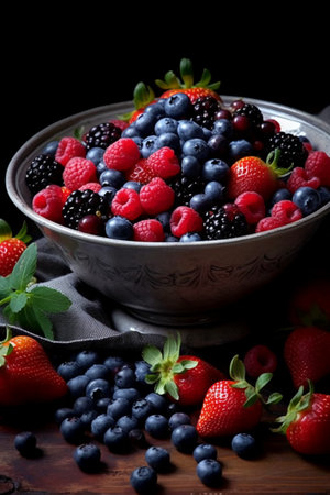 Strawberries, blueberries and raspberries in a bowlの素材