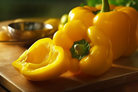 Fresh yellow bell peppers on cutting board, closeup. Organic foodの素材