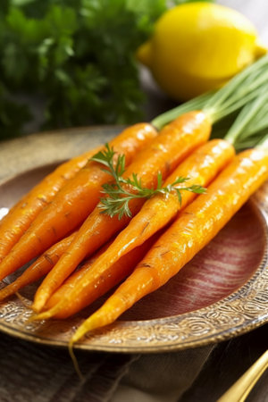 Bunch of fresh carrots with parsley and lemon on wooden tableの素材