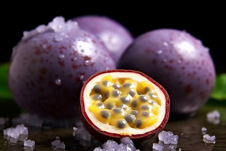 Passion fruit with water drops on a black background. Close up.の素材