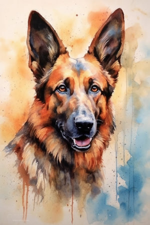 Watercolor portrait of a German shepherd dog. Watercolor painting.の素材