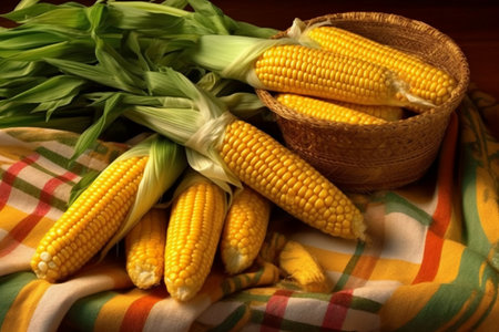 Fresh corn on the cob in a basket on a wooden background.の素材