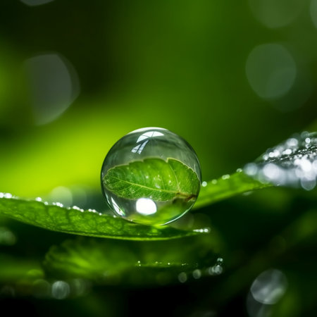Water drop on green leaf with bokeh background, Nature conceptの素材