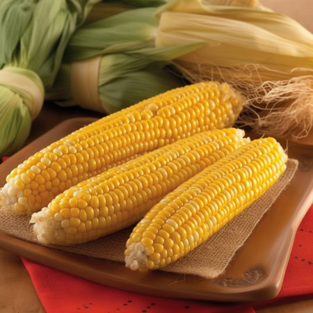 Fresh corn on the cob on a wooden plate. Selective focus.の素材