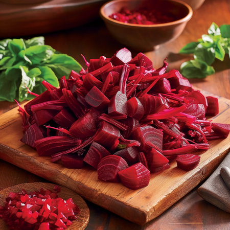 Sliced beetroot with spices on a wooden board. Selective focus.の素材