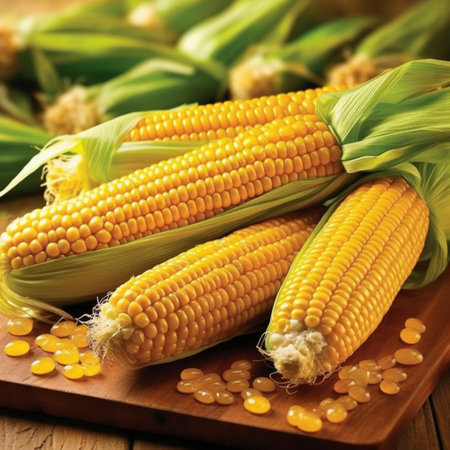 Fresh corn on cobs with grains on wooden board, closeupの素材