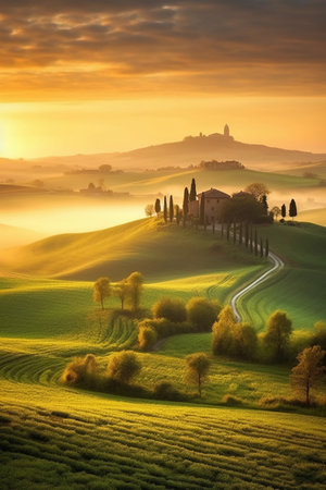Beautiful landscape of Tuscany, Italy. Sunrise over the countrysideの素材