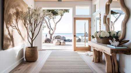 Interior of a modern living room with a window overlooking the seaの素材