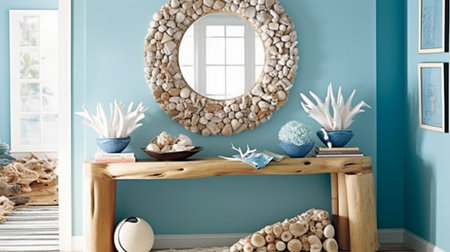 Interior of modern living room with blue walls, wooden floor, big round mirror and decorative plants. 3d renderingの素材