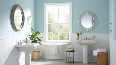 Bathroom interior 3D rendering. Bathroom with blue walls and white floorの素材