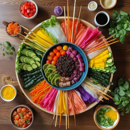 Colorful japanese spring rolls in a bowl with chopsticksの素材
