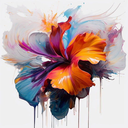 Watercolor paint splashes and hibiscus flowers on white backgroundの素材
