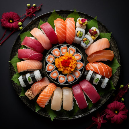 Sushi set on a black background. Sushi rolls with salmon, tuna, eel and caviar.の素材