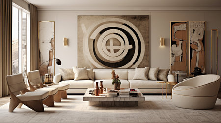 Modern living room interior design with sofa, armchairs, coffee table, coffee table and painting on wall. 3D Renderingの素材
