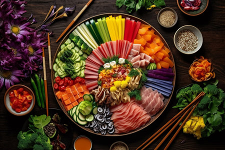 Sashimi set with vegetables and sashimi on wooden backgroundの素材