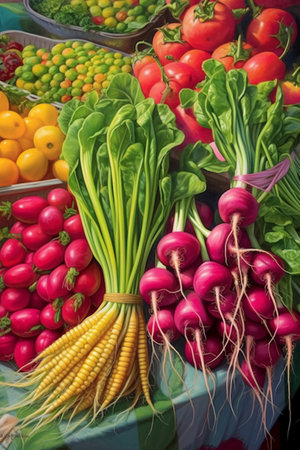 Fruits and vegetables at a farmers market. Healthy eating concept.の素材