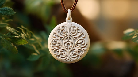 White pendant with floral pattern hanging on the tree in the gardenの素材