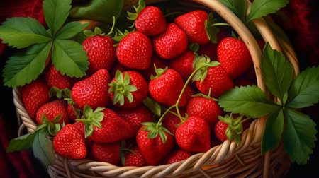 Fresh strawberries in a wicker basket with green leaves on a red backgroundの素材