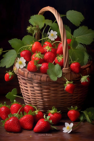 Strawberries in a wicker basket on a dark wooden backgroundの素材