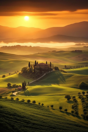 Tuscany landscape at sunrise, Val d Orcia, Italyの素材
