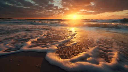 Beautiful sunset on the beach. Dramatic sky and sea waves.の素材