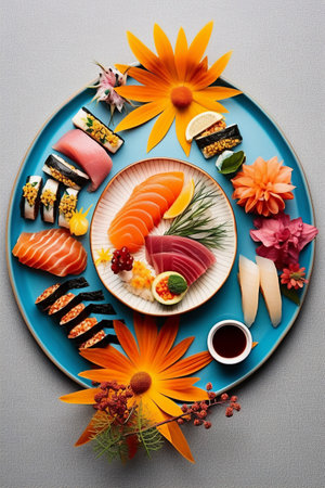 Japanese food restaurant menu. Sushi set on blue plate. Top view.の素材
