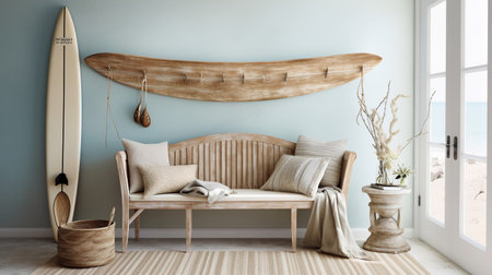 Interior of a modern living room with a wooden sofa and a hanging surfboard. 3d renderの素材