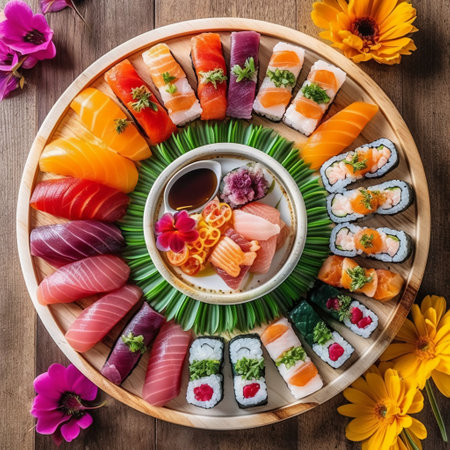 Sushi set on wooden background. Japanese food. Top view.の素材