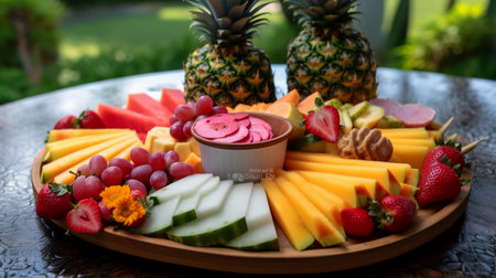 Fruit platter with strawberries, melon, pineapple, grape and ice creamの素材