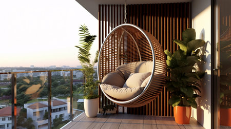 3D render of a terrace with a round rattan swingの素材