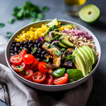 Mexican poke bowl with quinoa, avocado, corn, tomatoes and black beansの素材