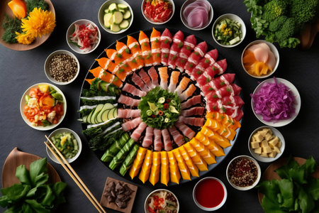 Set of different sushi on black background, top view. Japanese foodの素材