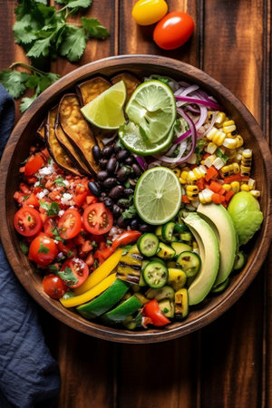 Mexican quesadilla salad with avocado, corn, tomato, onion and cilantroの素材
