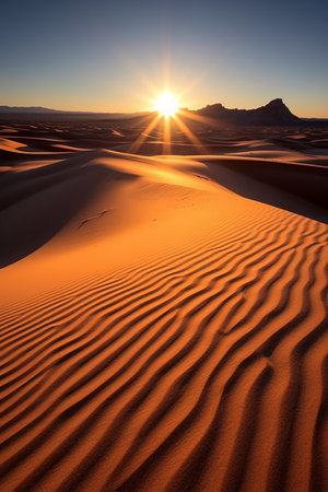 Sunset in the desert with sand dunes and mountains in the backgroundの素材