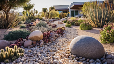 Cactus garden with stone path and cacti in the desertの素材