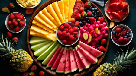 Top view of fruit platter with fresh fruits and berries on dark backgroundの素材