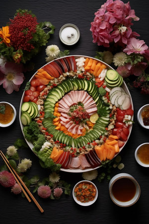 Korean traditional food, Sashimi and vegetables on black backgroundの素材