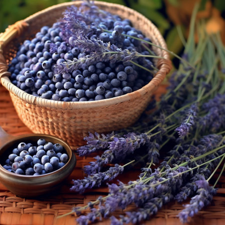 Blueberries and lavender in a wicker basket on a wooden backgroundの素材