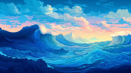 Blue ocean wave background, vector illustration. Ocean landscape with waves.の素材