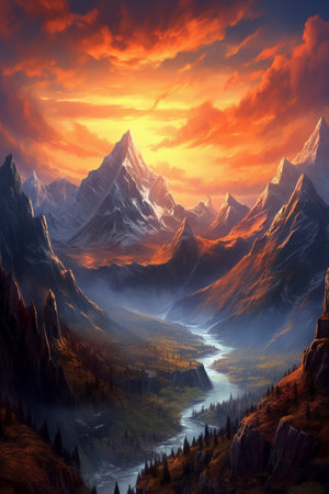 Fantasy landscape with mountains and river at sunset. Digital painting.の素材