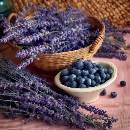 Blueberries and lavender in a basket on the table. Selective focus.の素材