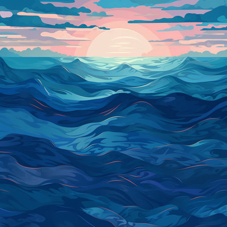 Sunset in the sea. Vector illustration. Seascape.の素材