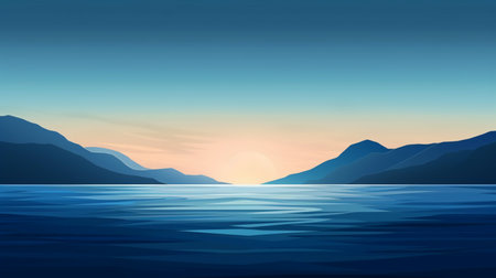 Sunset over the sea with mountains and blue sky. Vector illustration.の素材